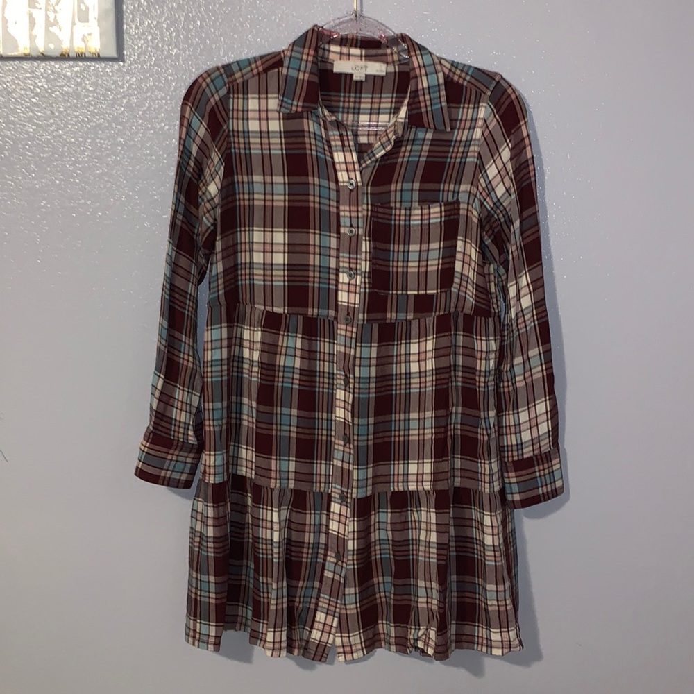 Ann Taylor LOFT maroon plaid petite button Down long sleeve mini dress